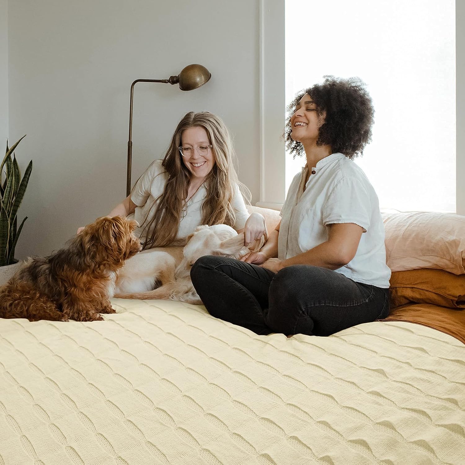 DISSA Knit Blanket Woven Blanket Throws for Sofa Throws for Couch Blanket Cover Boho Throw Blanket for Bed Cozy Super Soft Solid Plush Decorative Throw Blanket with Tassels (Cream, 60"x80")