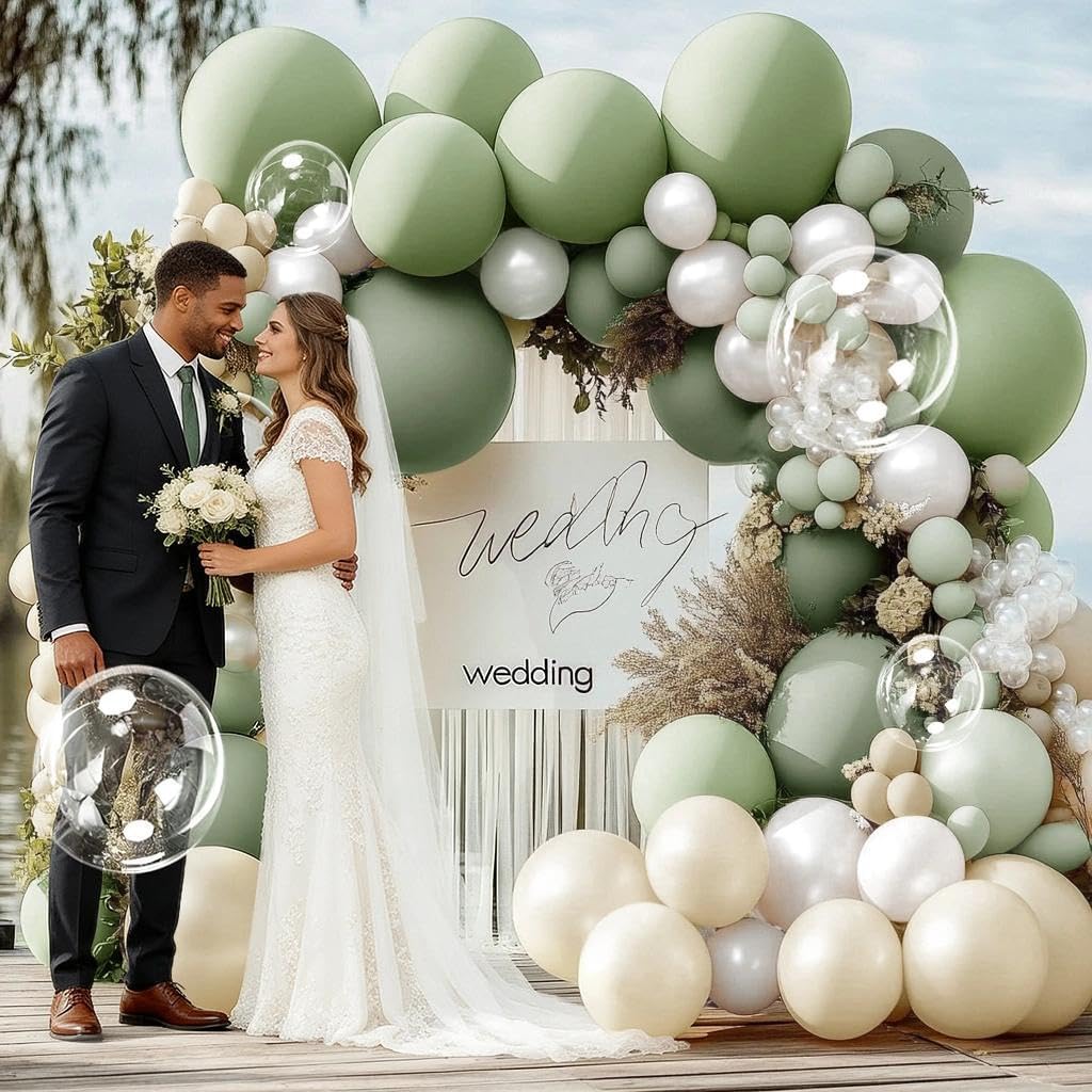 Dusty Green White Balloon Arch Double Stuffed Light Sage Green White Sand Pearl Balloon Garland Kit Olive Beige Cream Balloons for Baby Shower Birthday Bridal Wedding Woodland Wild One Party Decor
