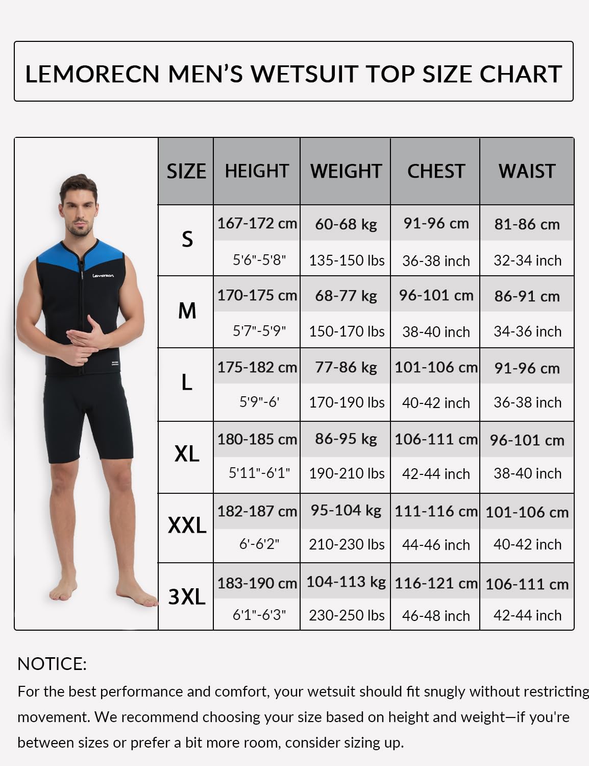 Lemorecn Muta da uomo e donna, 3 mm, senza maniche, in neoprene, con cerniera frontale, per sport acquatici