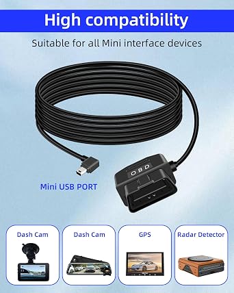 OBD Power Cable for Dash Camera, OBD2 to 90 Degrees USB MiniAdapter Hardwire Charging Cable with Switch Key 24 Hours Monitoring and Acc 2 Mode 12-24 V to 5V/3A (3.5m/ 11.5FT)