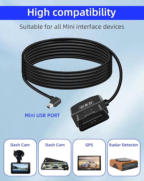 OBD Power Cable for Dash Camera, OBD2 to 90 Degrees USB MiniAdapter Hardwire Charging Cable with Switch Key 24 Hours Monitoring and Acc 2 Mode 12-24 V to 5V/3A (3.5m/ 11.5FT)