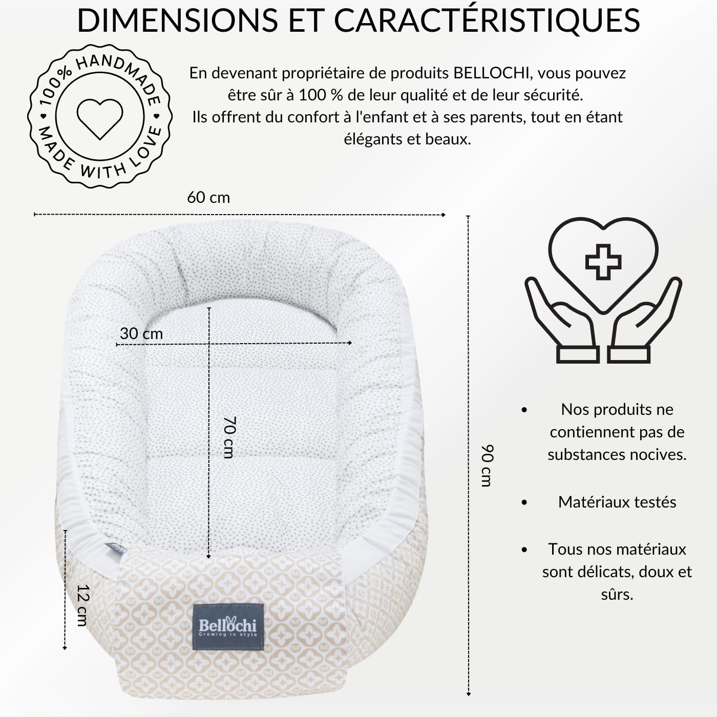 Bellochi Reducteur de Lit Bebe, Cale Bebe pour Lit, Cocon Bebe - 100% Coton, 0-12 Mois - Nid de Bebe, Baby Nest - 90 x 60 cm - Beige Dots