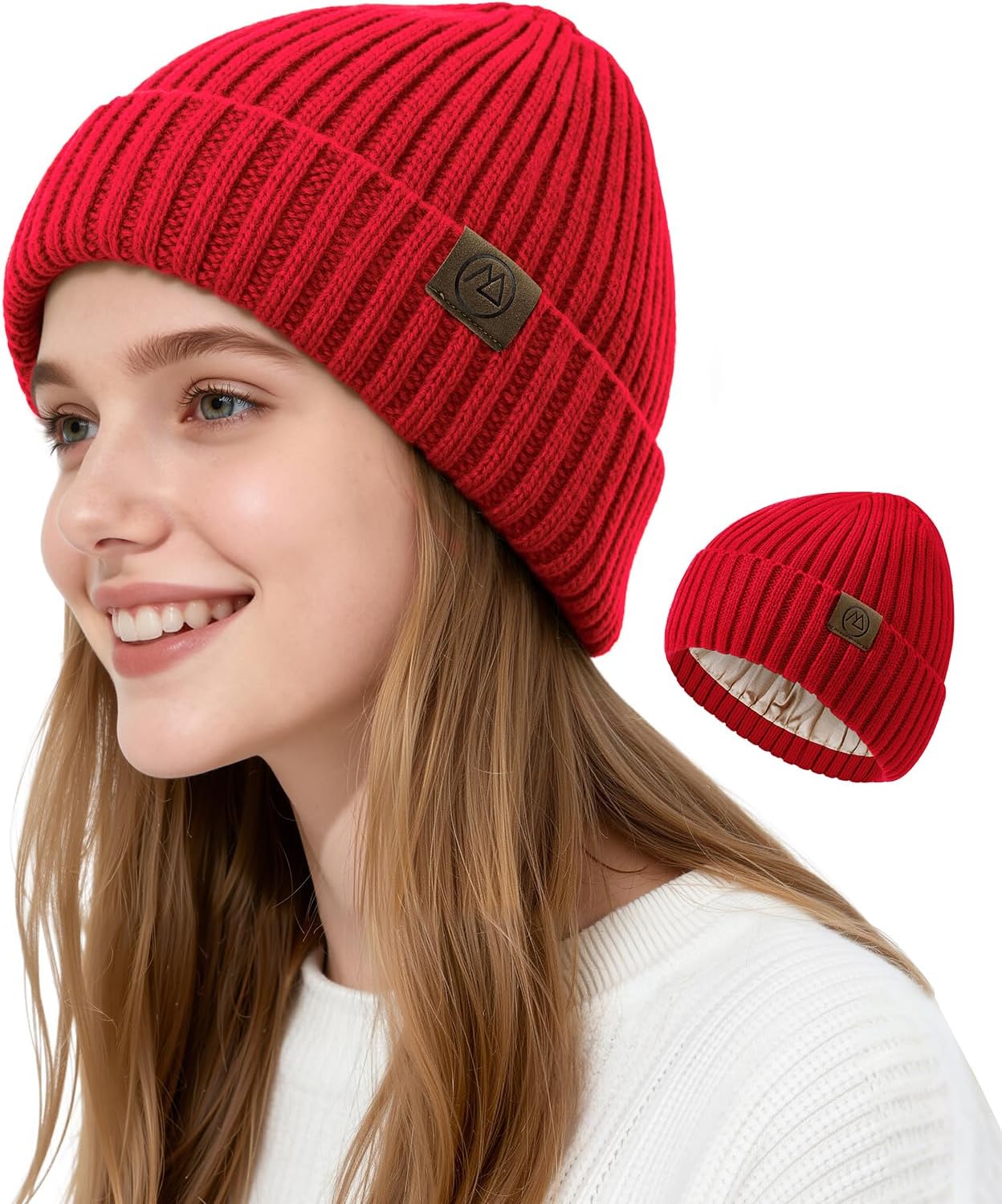 Satin Lined Beanie Women-Winter Hats for Women Silk Lined Beanie Cute Warm Knit Cuffed Hat Snow Ski Cap