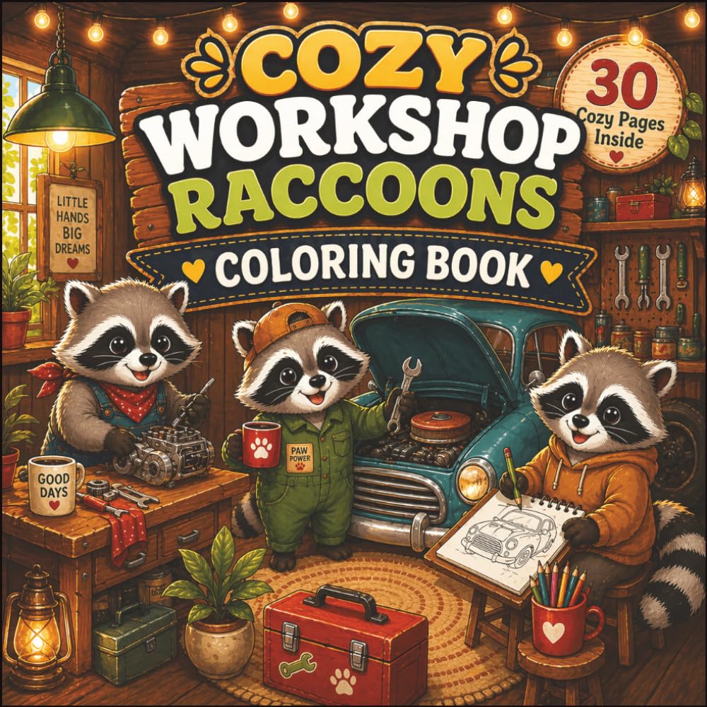 Cozy Workshop Raccoons Coloring Book For Kids, Teens And Adults: 30 Cute and Cozy Animal Coloring Pages Featuring Adorable Raccoons, Workshop Tools, Cars, Crafts, and Relaxing Scenes
