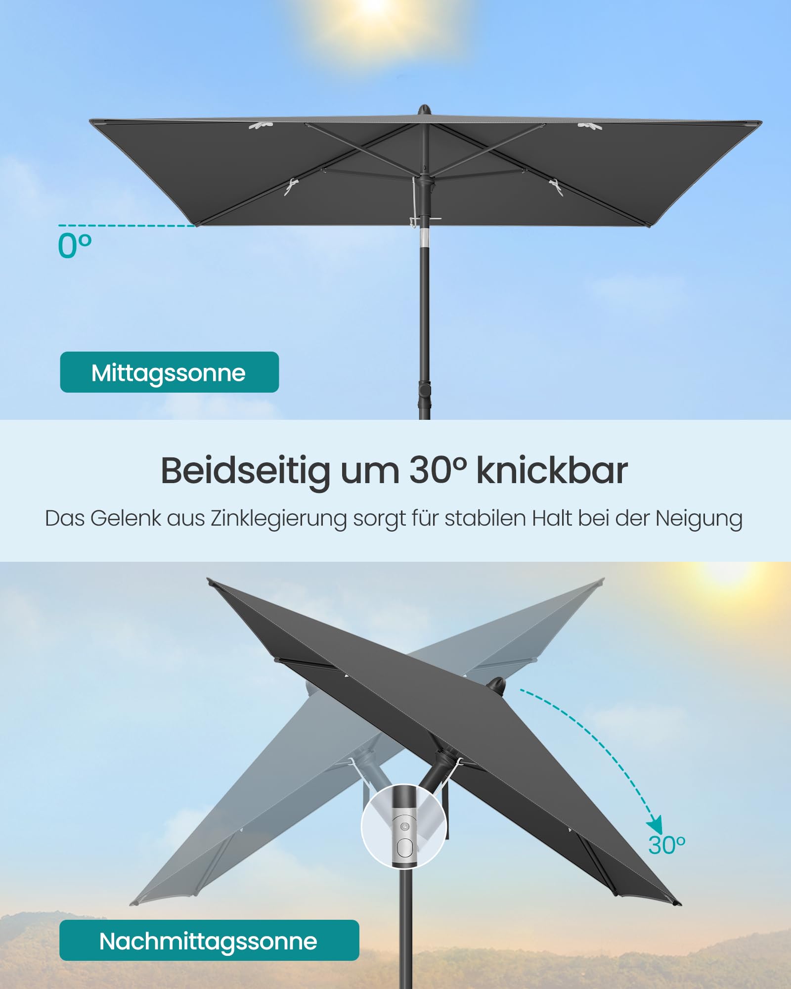 SONGMICS Sonnenschirm Balkon, 190 x 120 cm, Gartenschirm rechteckig, UPF 50+ Sonnenschutz, knickbar, Terrassenschirm, Outdoor Garten Terrasse Strand, Tragetasche, ohne Ständer, grau GPU024GZ01