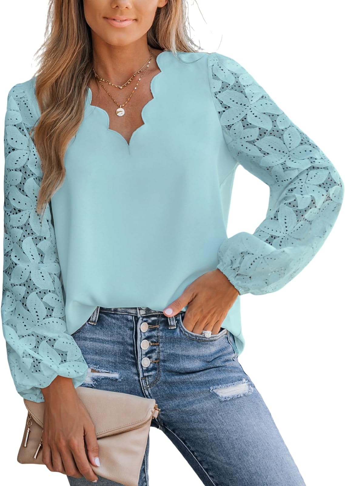 Women Lace Elegant Blouse Long Sleeve Eyelet V Neck Dressy Party Floral Tops Scalloped V Neck