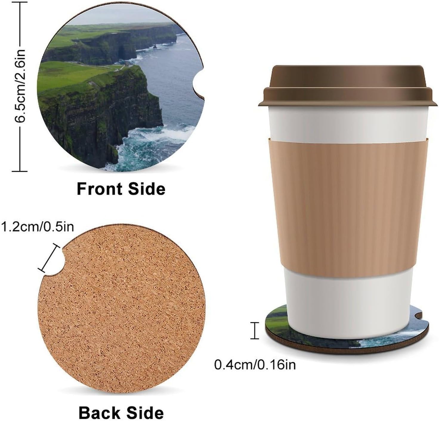 Irish Ireland Cliffs of Moher Car Cup Holder Coaster with Cork Base 2.6 Inches Anti Slip