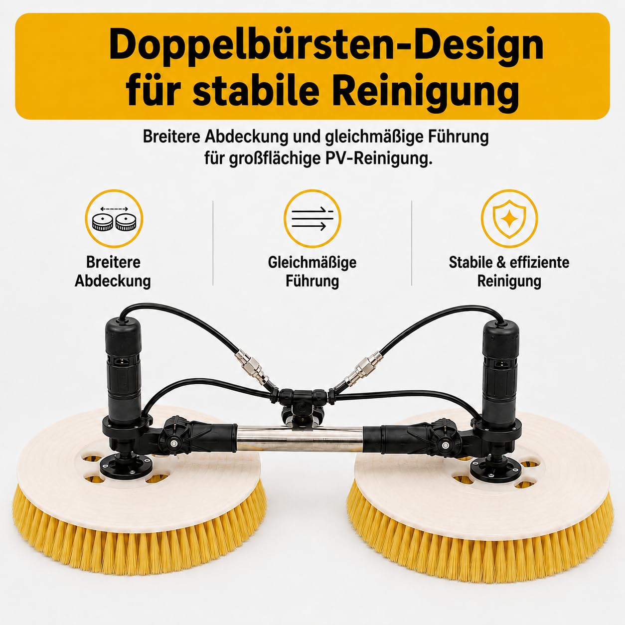 Kit de brosse de nettoyage pour panneau solaire extérieur avec tige télescopique de 7,5 m, tuyau d'eau de 29 m, cordon d'alimentation de 17 m, tête de brosse double rotative de 65 cm