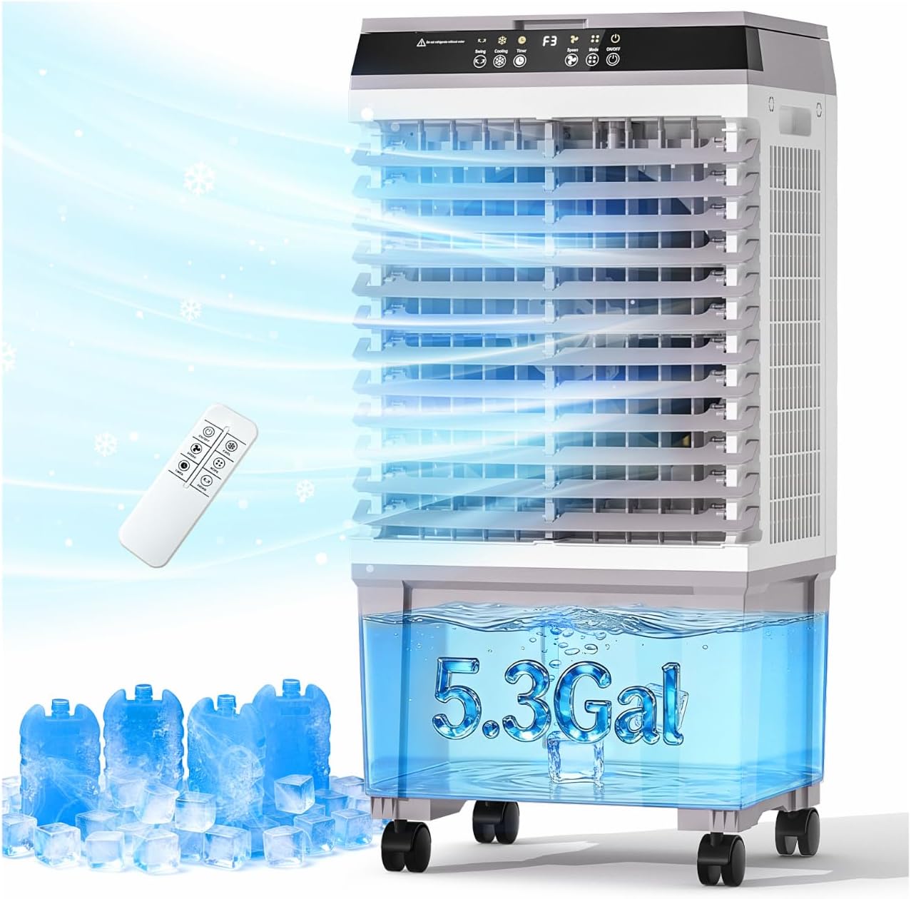 Evaporative Air Cooler with 4 Ice Box, 1800 CFM Portable Air Cooling Fan with 5.3 Gallon Water Tank, 120°Oscillation, Remote, 12H Timer, Removable Cooling Fan with 3 Speeds for Bedroom Home Office