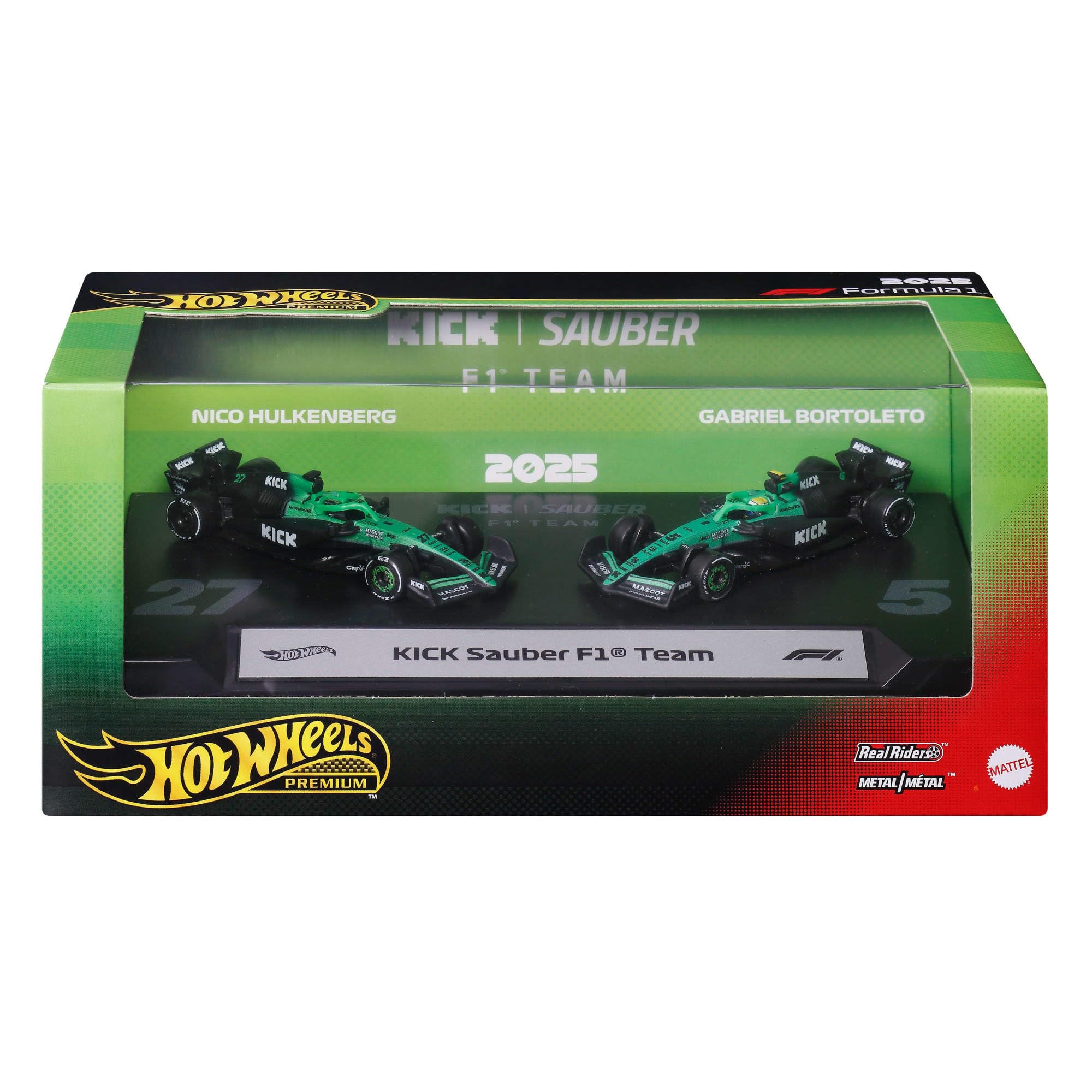 ​Hot Wheels Premium Formula 1 Toy Cars, Set of 2 1:64 Scale KICK Sauber F1 Team Racecars Featuring #27 Nico Hulkenberg & #5 Gabriel Bortoleto, JMM92