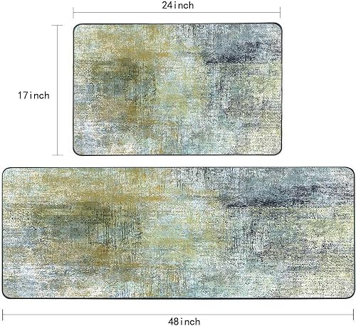 Vista 43 de TOMWISH - Tapetes de cocina para piso, color turquesa, gris, abstracto, pintura artística, 17 x 48 + 17 x 24 pulgadas, juego de alfombras de cocina