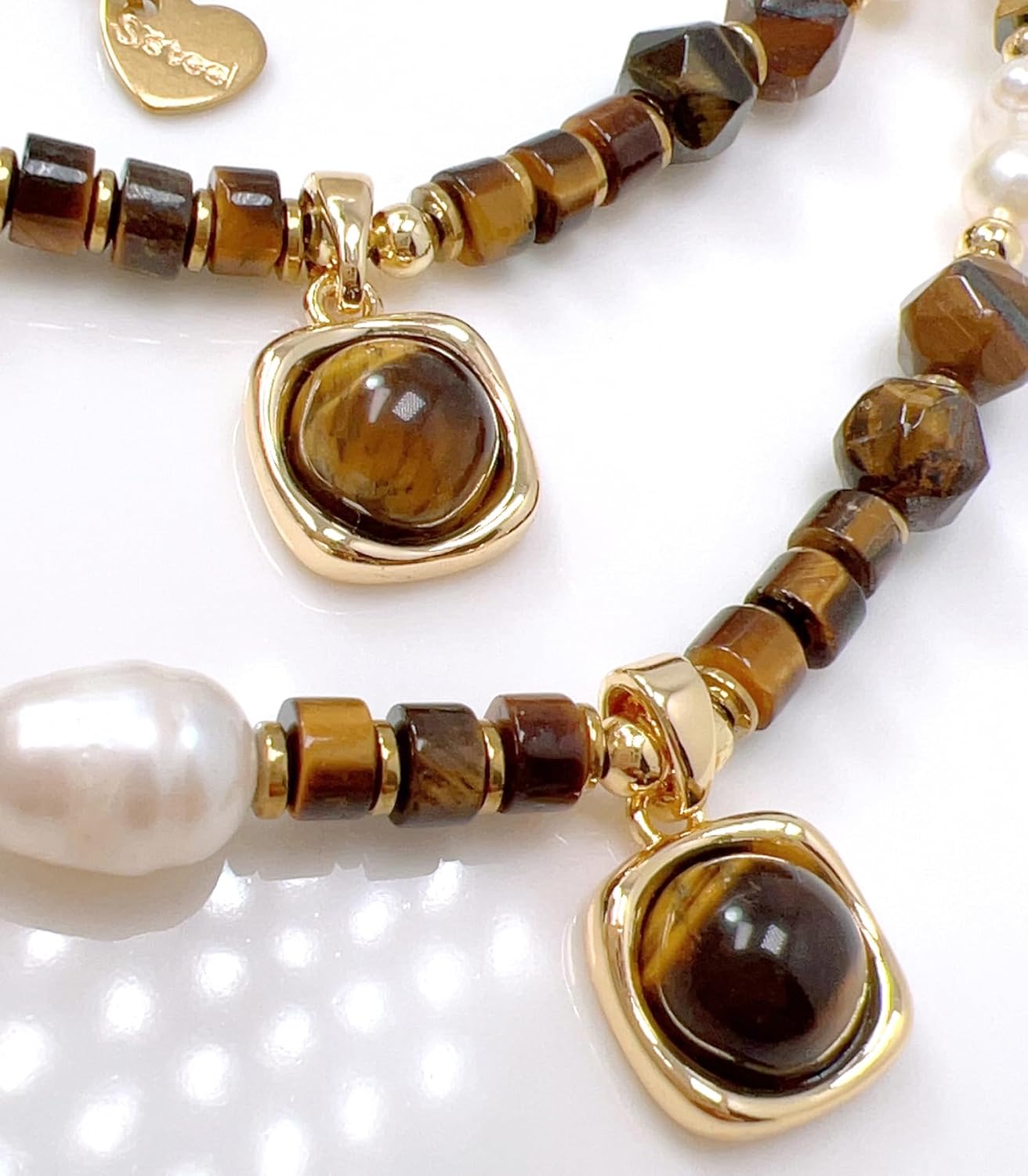 OZEL JEWELRY & GIFT - Gold-Plated Stainless Steel Necklace for Women, Tiger Eye Pendant & Freshwater Pearl Beaded, Adjustable Length with Slide Detail, Handcrafted Jewelry