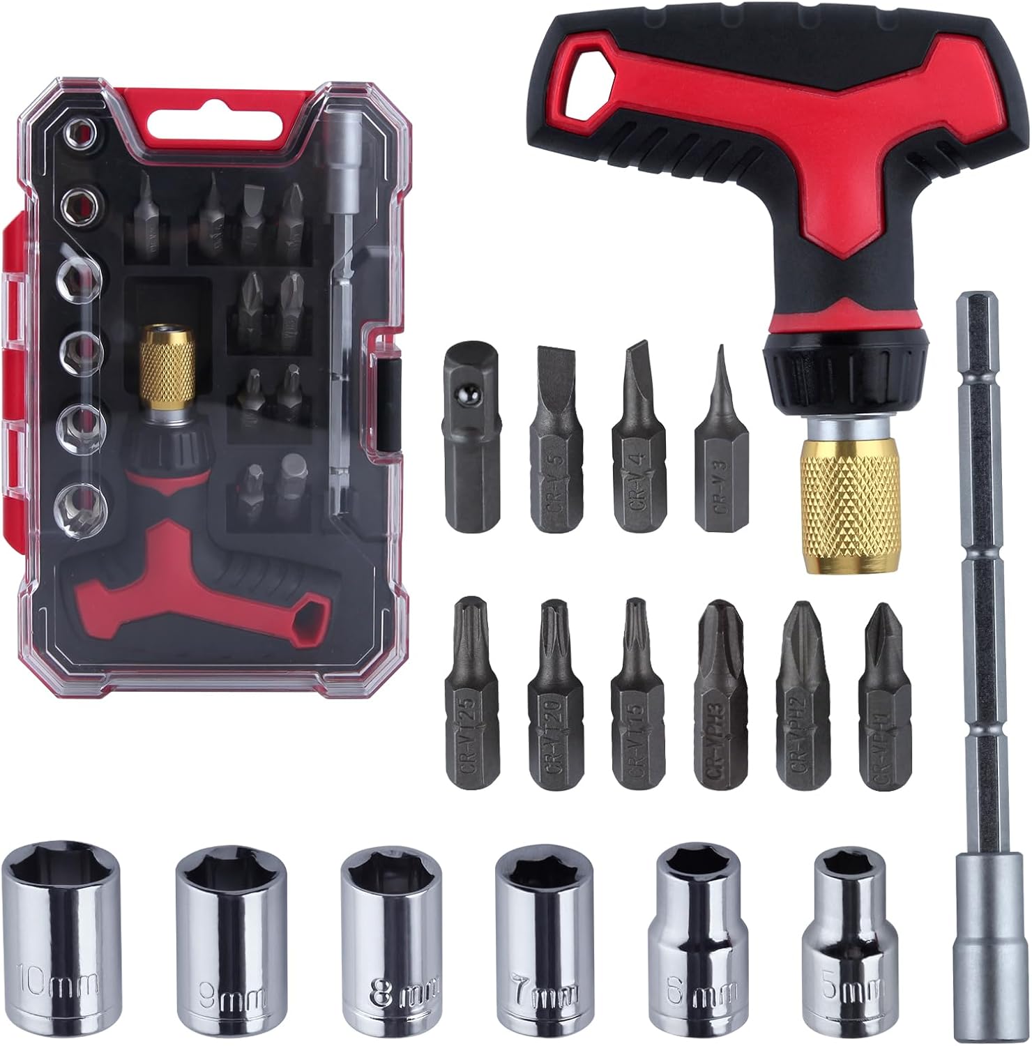 18 Pieces T-Handle Ratchet Wrench and Screwdriver Set, 3 Adjustable Handle Positions Magnetic Multi-Bit Ratcheting Screwdriver and Socket Set with Quick-load Mechanism for Home & Garage