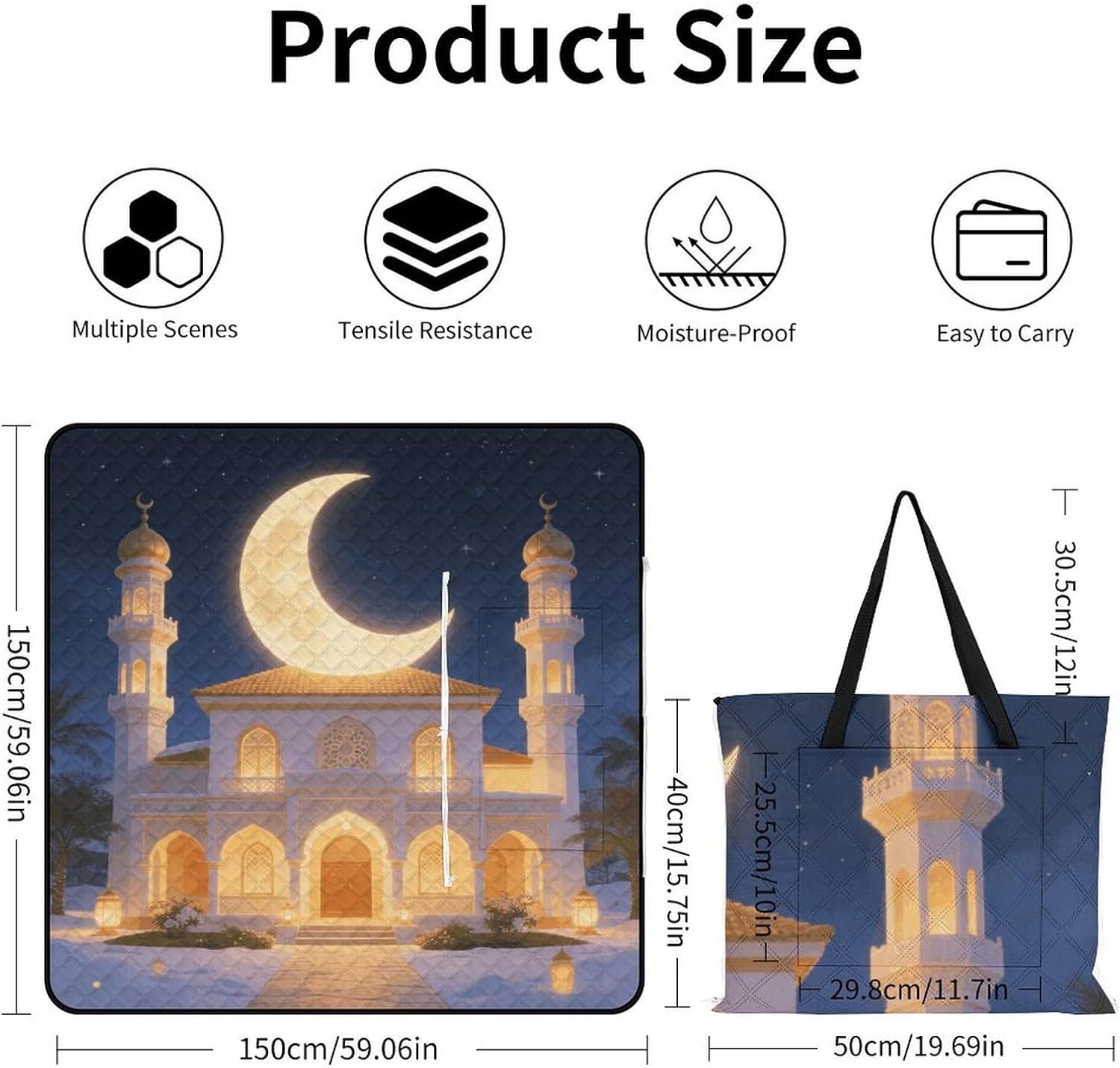 Ramadan House Moon Picnic Blanket with Zipper Water Resistant Sand Free Picnic Mat Washable Foldable Easy Carry Beach Blanket for Lawn Beach Hiking Camping