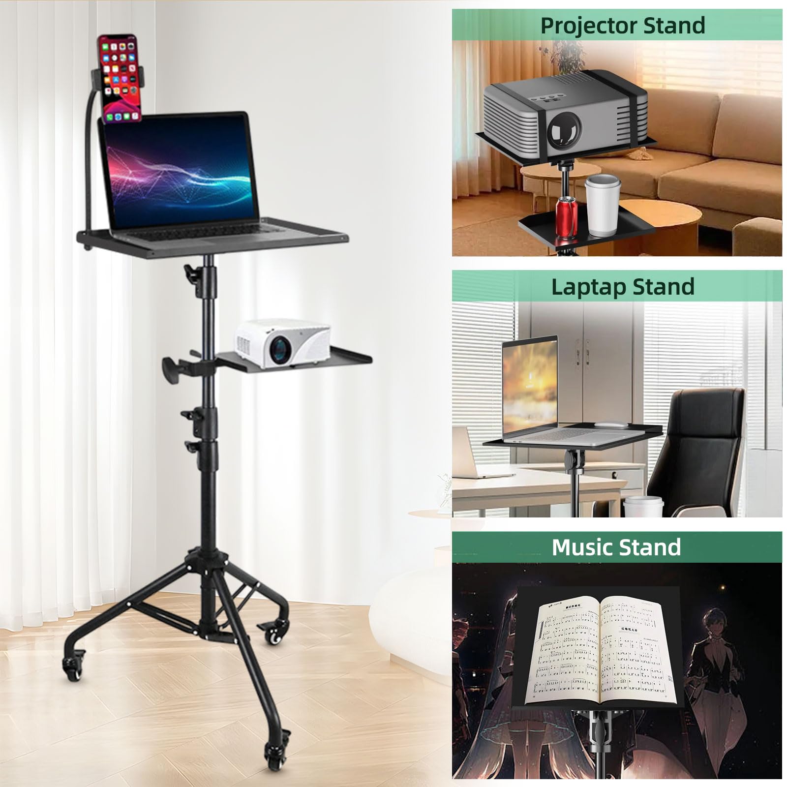 Support Projecteur avec roulettes, support de sol pour tablette avec bande élastique, hauteur réglable de 60 cm à 120 cm, trépied polyvalent