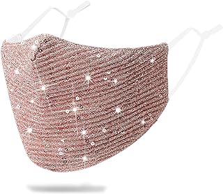Sparkly Sequins Mouth Masc Fashion Designer Glitter Cotton Face Cover With Adjustable Ear Loops Reusable Masquerade Party Nightclub Rave Festival Sequins Face Covering (Pink)
