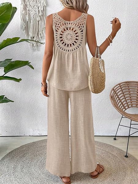 Conjunto de 2 piezas para mujer, camiseta sin mangas y pantalones de pierna ancha, pantalones palazzo de cintura alta - 2