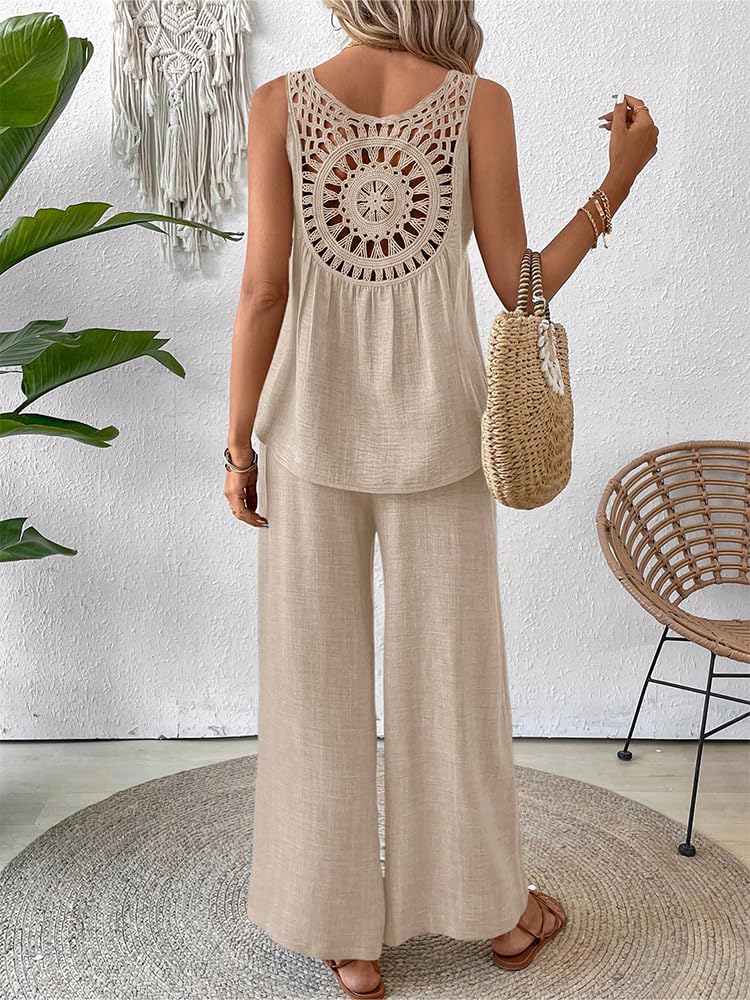 Conjunto de 2 piezas para mujer, camiseta sin mangas y pantalones de pierna ancha, pantalones palazzo de cintura alta — view 2