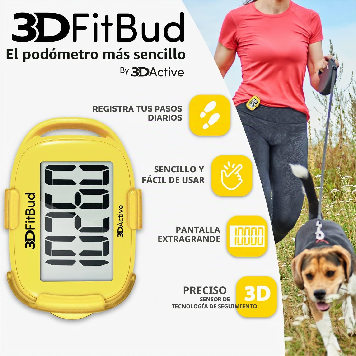 3DActive 3DFitBud Contapassi Semplice Contapassi 3D con Clip E Cordino, Tracker Di Passi Preciso, Ampio Display, Facile Da Usare per Bambini, Uomini, Donne, Adulti, Anziani - A420S