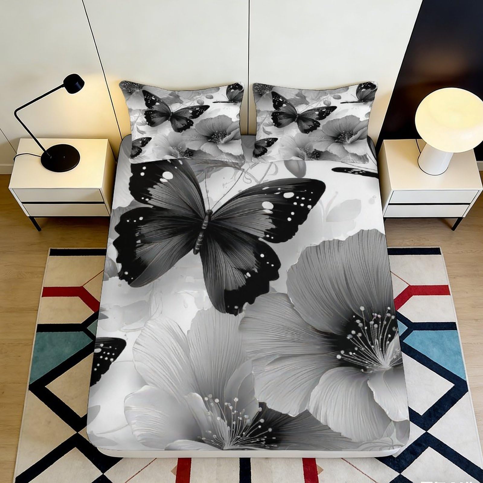 3D Printed butterfly Fitted Sheet with floral pattern, soft touch Microfiber, anti-slip, easy care, home decor, guest room bedding, 120x200cm 90x200x25cm