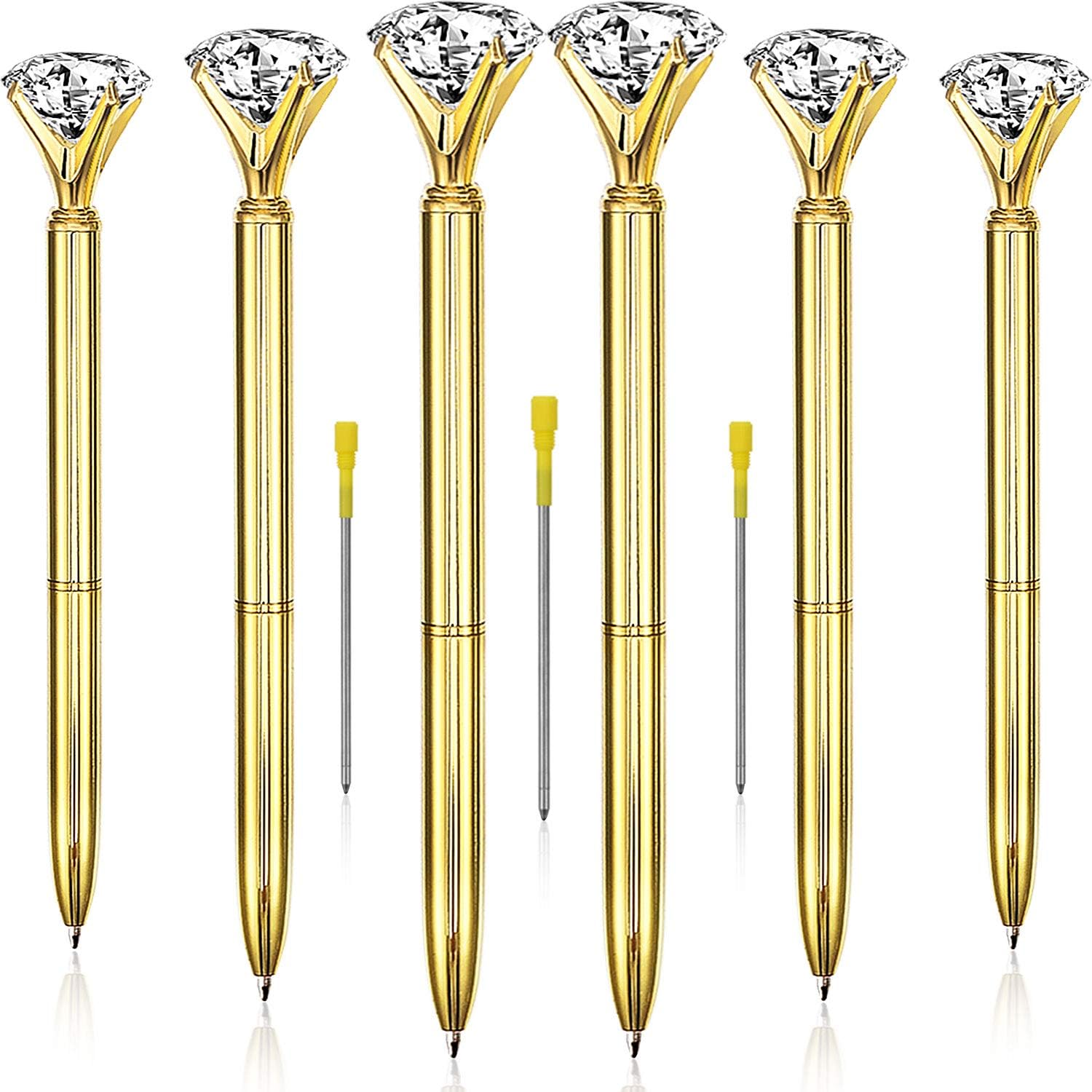 Bememo 12 Pieces Big Diamond Crystal Ballpoint Pens and 6 Pieces Ballpoint Pen Refills, Black Ink (Gold)