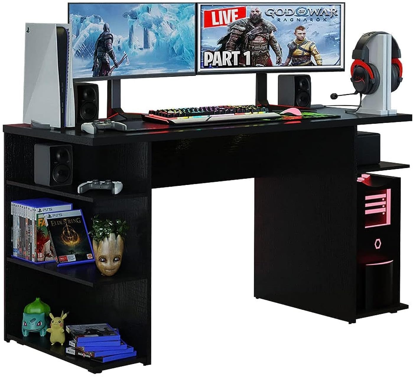 Gaming Computer Desk with 5 Shelves, Cable Management and Large Monitor Stand, Modern Wooden Desk, 136 x 60 x 75 cm – Black