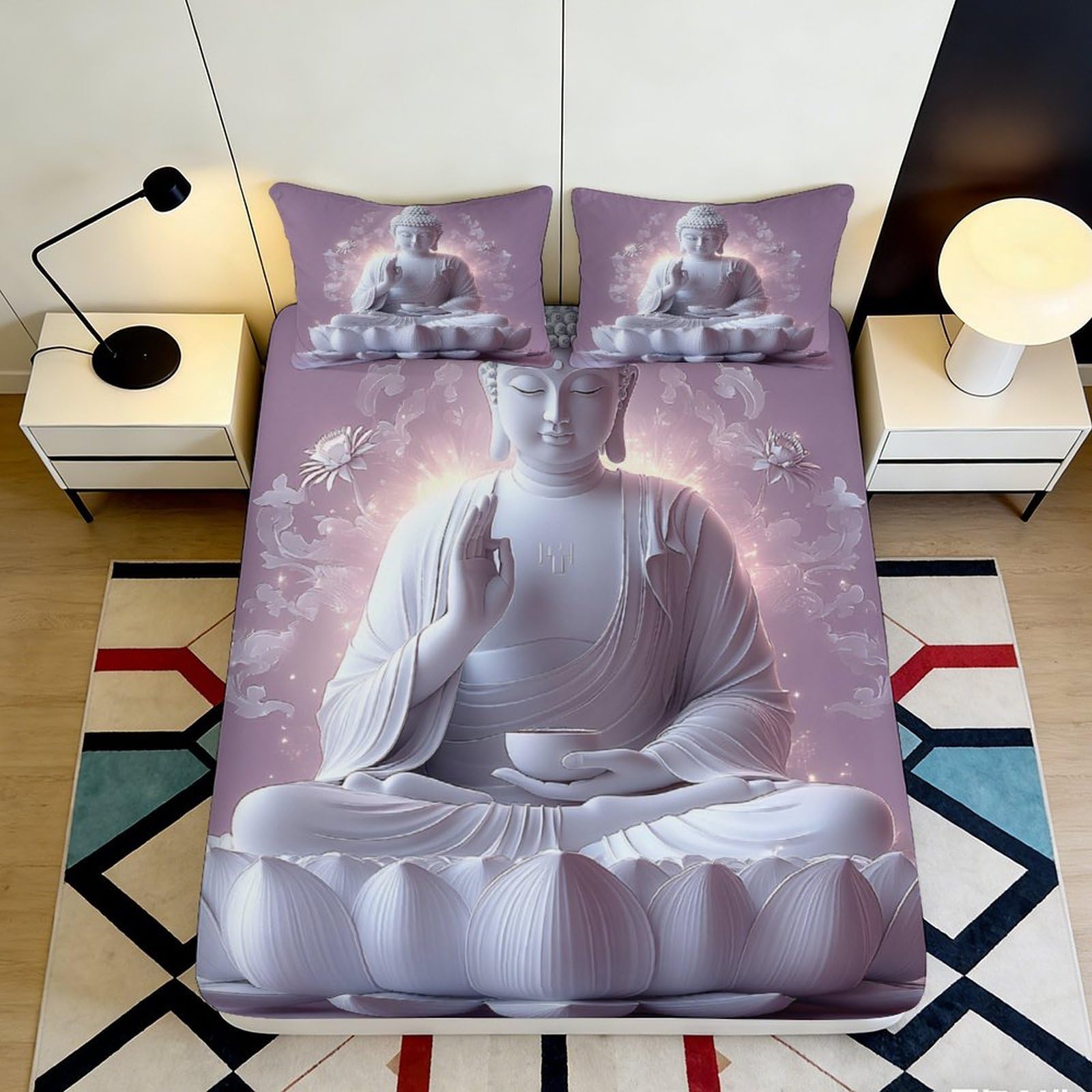 3D Printed Buddha Lotus Fitted Sheet Microfiber Soft Anti-Slip Purple Zen Bed Cover for Bedroom Dorm Guest Room Decor 200x200x25cm