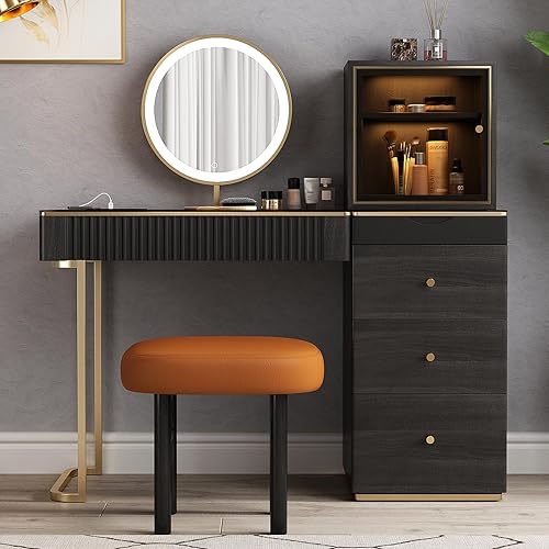 Miniatura 3 de Lartis Mesa de tocador de maquillaje de alta calidad, tocador de almacenamiento, juego de tocador con taburete tapizado de madera maciza, espejo LED