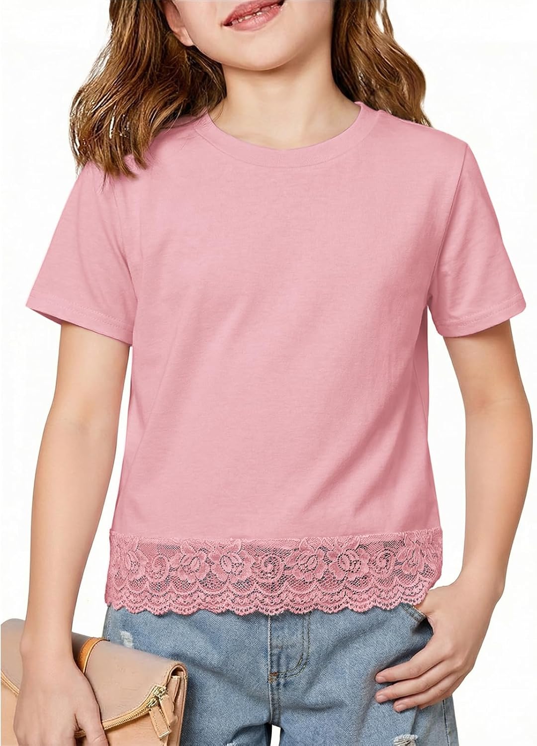 ZDC Girls Short Sleeve Lace Hem T Shirts Crewneck Casual Blouse Kids Summer Tops Tees 5-14 Years