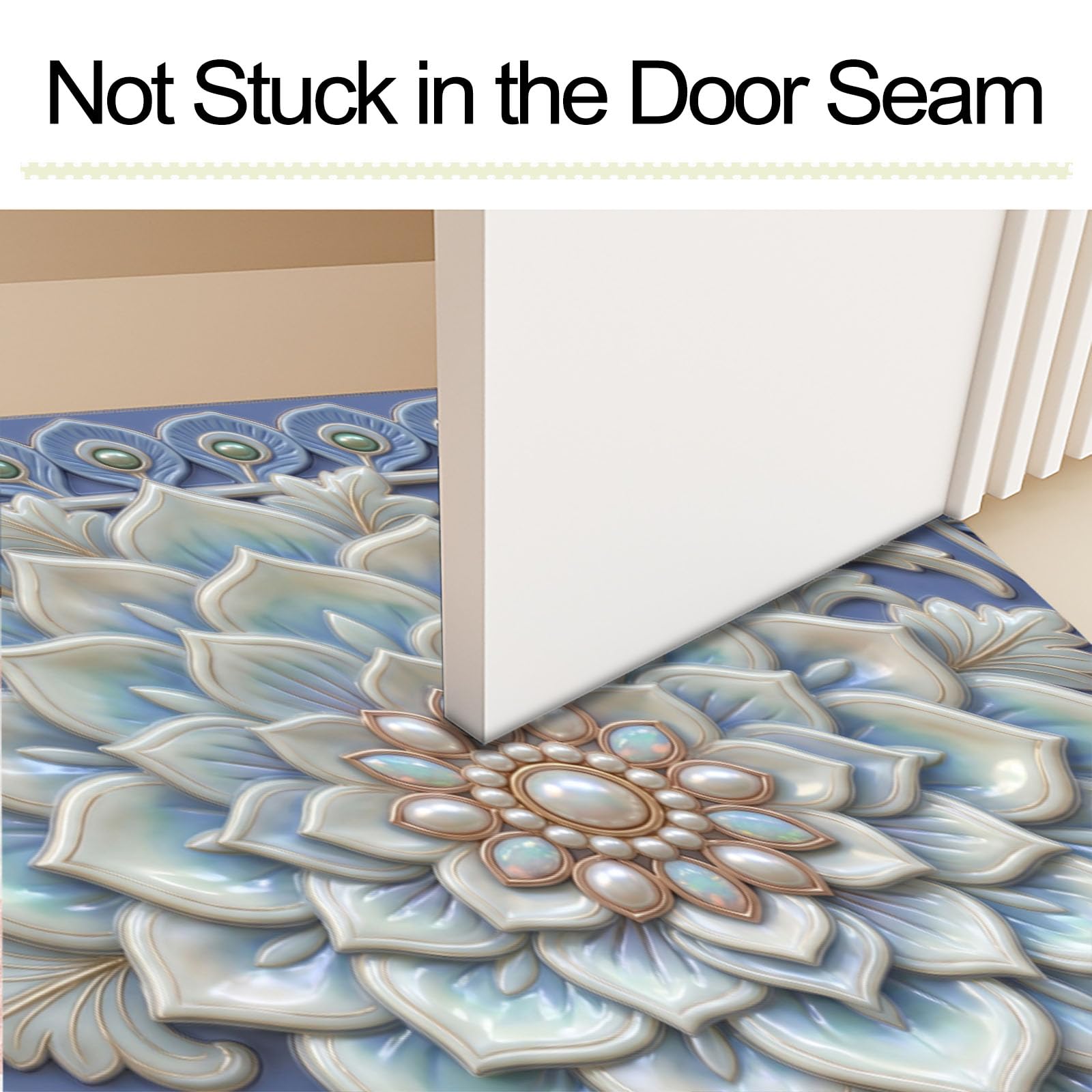 Zerbino Ingresso Interno Rilievo Tridimensionale A Forma Piuma Mandala, Zerbino Di Benvenuto Lavabile Morbida Fiori Perle Esotici, Antiscivolo Tappeto Da Decorazioni Blu Per Casa Porta, 90X150Cm