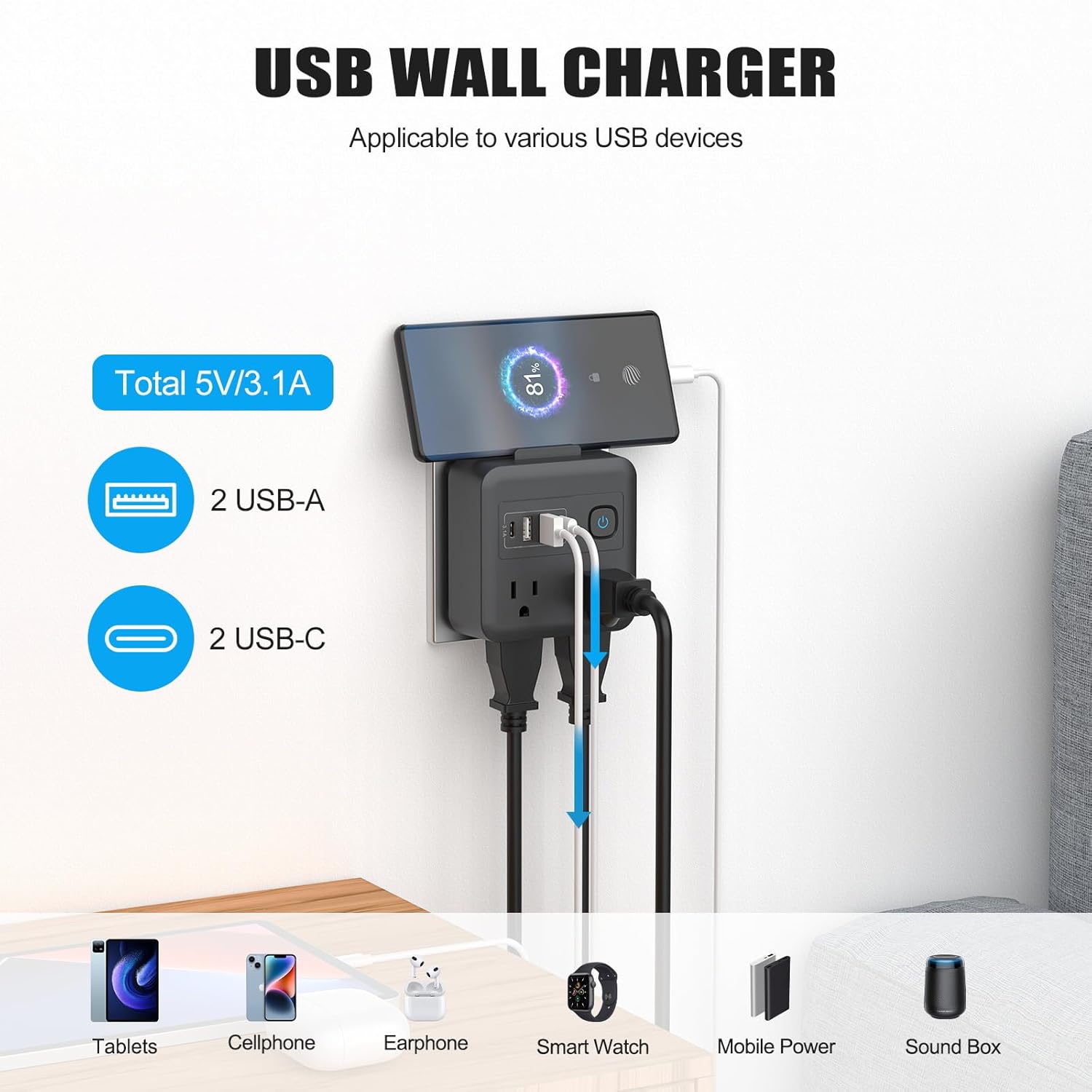 Multi Plug Outlet Extender with 2 USB-A + 2 USB-C & Phone Holder, HITRENDS 1875W/16A 4-Outlet Extender, Non Surge Protector Travel Cruise Ship Essentials, Electrical Wall Splitter for Home Office