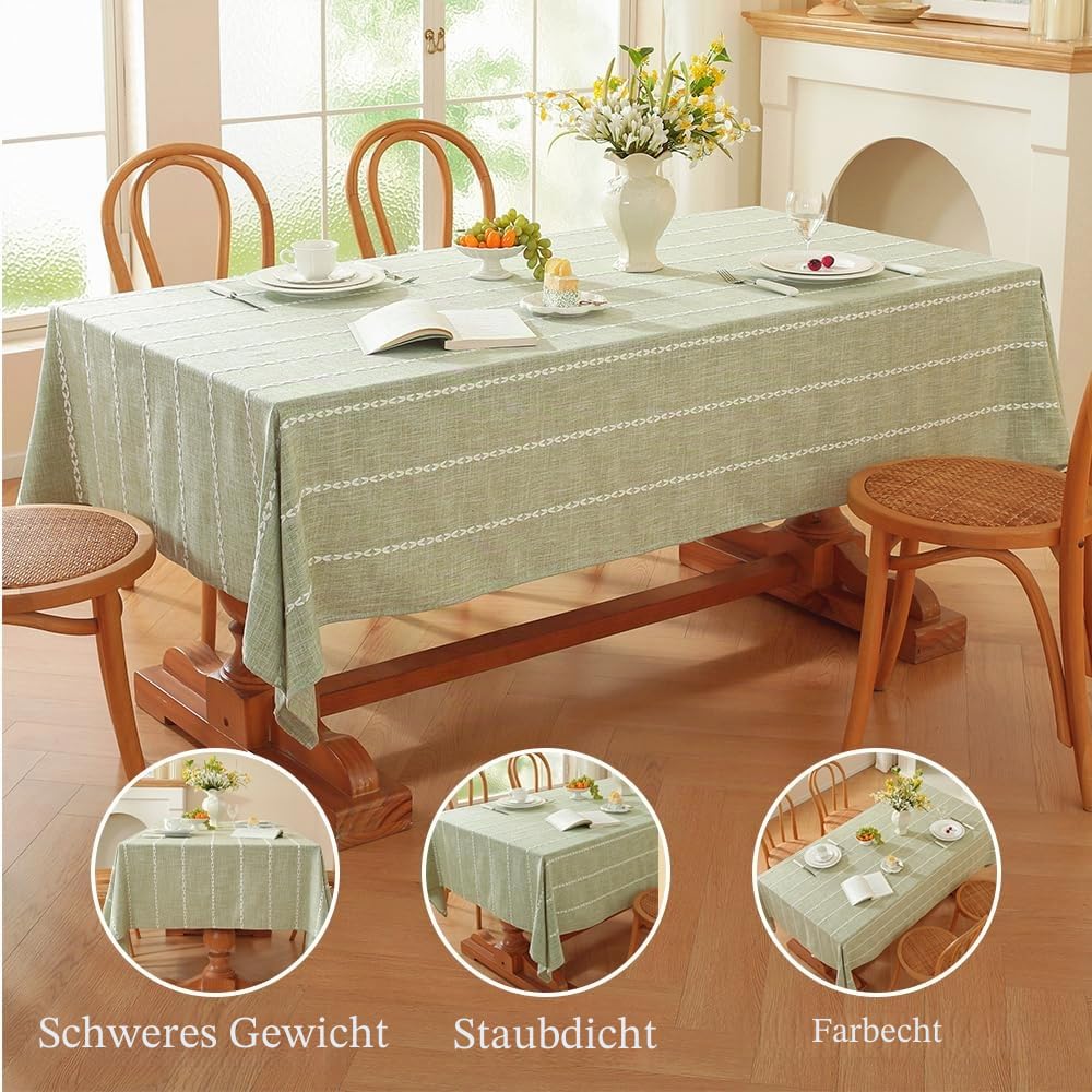 Leinen Tischdecke Grün135x300cm, Grüne Tischdecke Abwaschbar Stoff Tischdecken Baumwolle für Küche, Garten, Party, Geburtstag, Outdoor