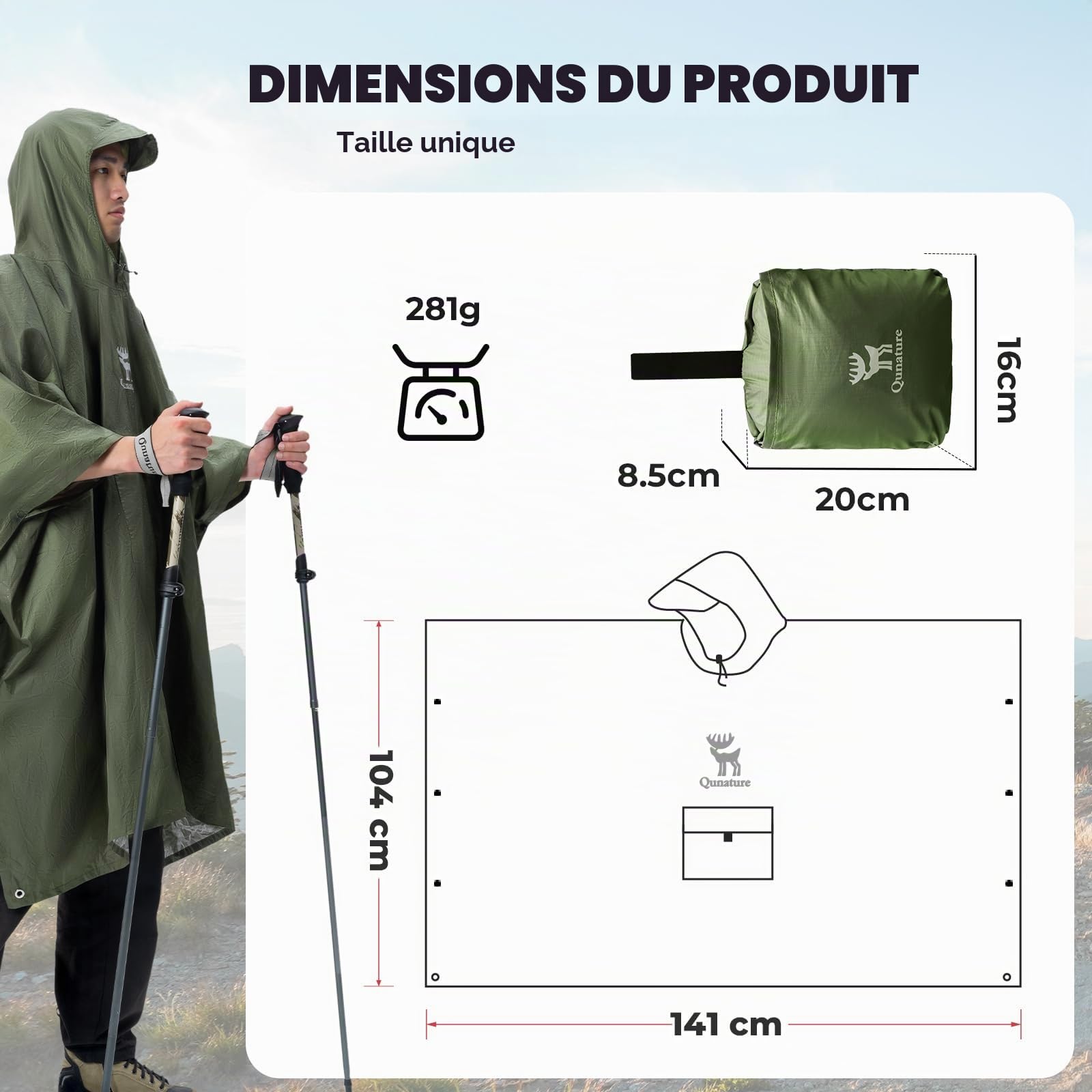 Poncho de Pluie 3 en 1 Léger Imperméable avec Capuche – Couverture Sac à Dos Multifonction Portable pour Homme et Femme Vélo Randonnée Camping Extérieur