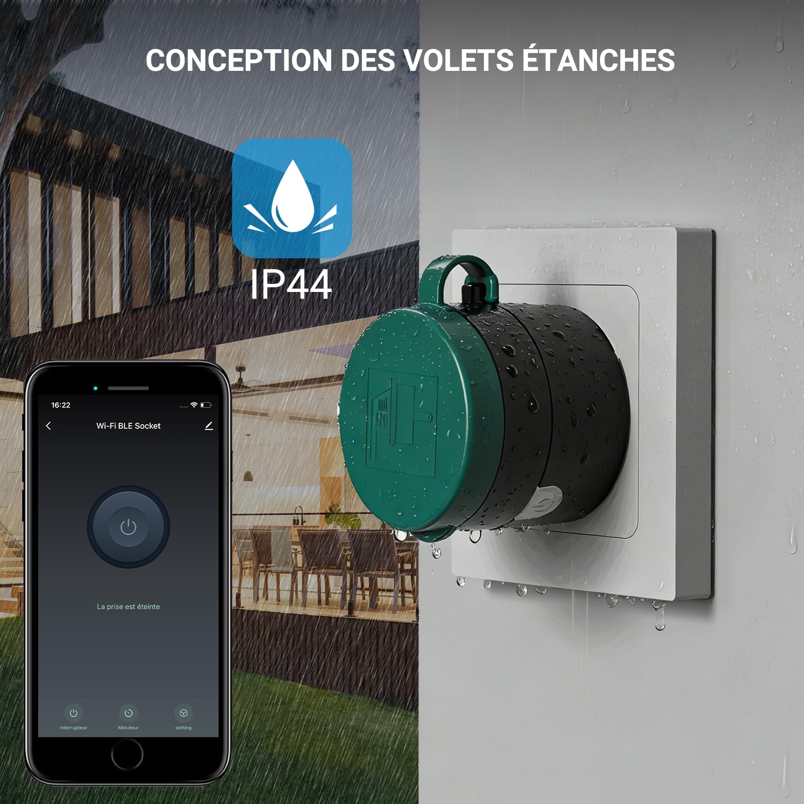 Enchufe conectado WiFi 10A, enchufe inteligente impermeable compatible con Alexa & Google Home, función temporizador, impermeable para IP44 exterior, 2 paquetes
