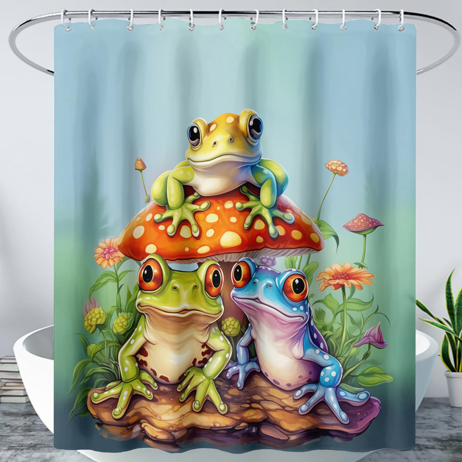 AILONEN Frog Shower Curtain,Floral Poisonous Mushroom Frog Bath Curtain for Kids Bathroom Decor,Polyester Waterproof with 12 Plastic Hooks 72