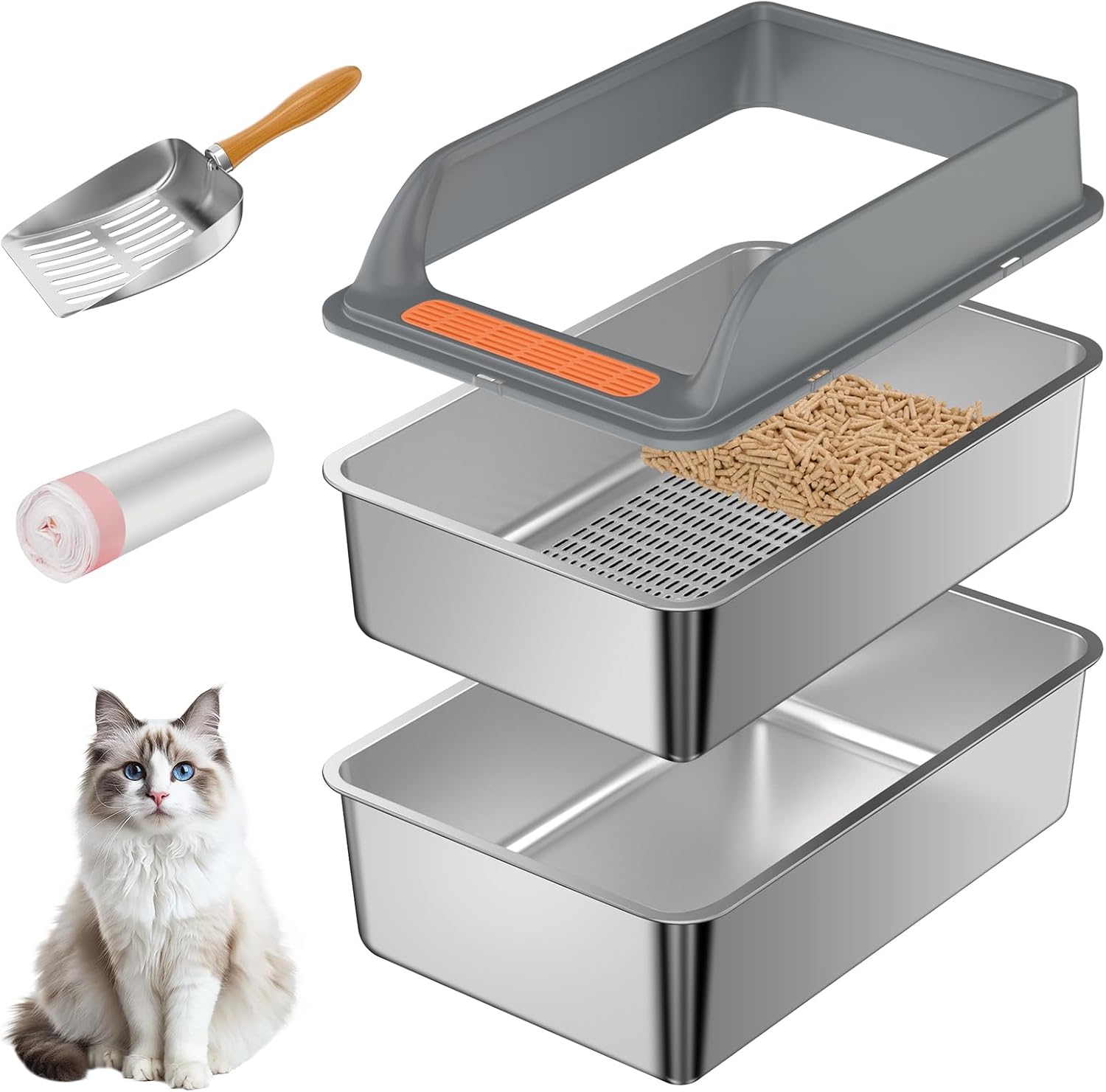 Stainless Steel Sifting Litter Box with Lid, Large Sifting Cat Litter Box for Pine Pellets & Big Cats,Metal Pellet Sifter Litter Pan System for Odor Control,Sifting Box Liners & Scoop L:19.7''×13.8''×10''