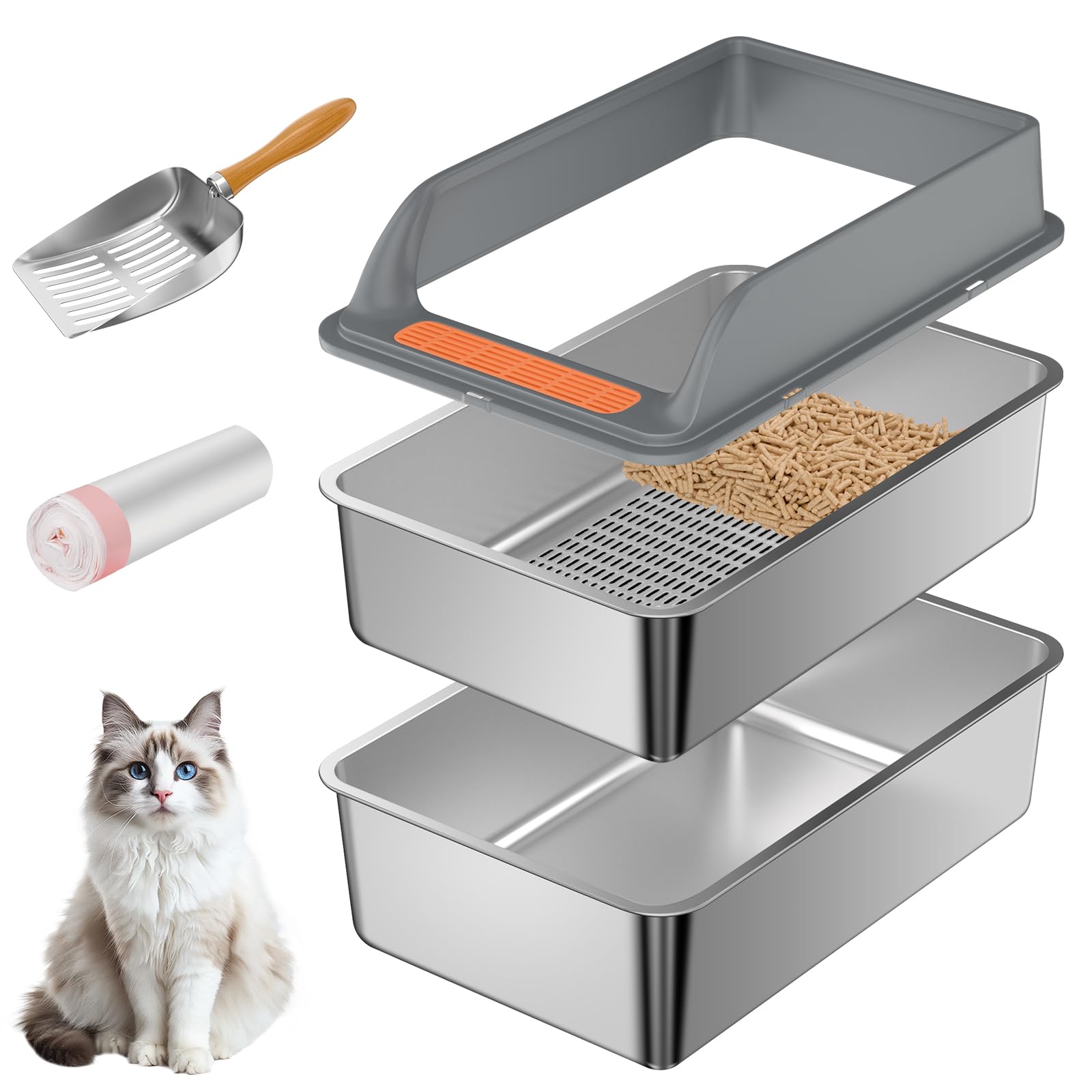 Stainless Steel Sifting Litter Box with Lid, Large Sifting Cat Litter Box for Pine Pellets & Big Cats,Metal Pellet Sifter Litter Pan System for Odor Control,Sifting Box Liners & Scoop