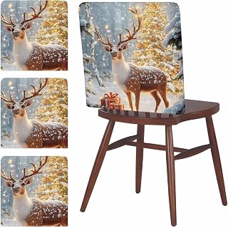 Christmas Elk Glowing Xmas Tree Dining Chair Cover Set of 4,Removable Chair Back Covers Winter Forest Snow Scene Washable Kitchen Chairs Slipcover for Home Dining Room Office Hotel