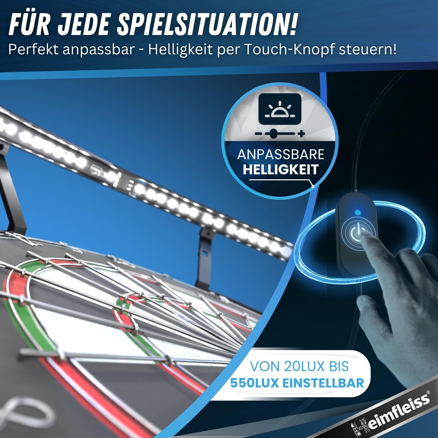 Heimfleiss® 360° Dart Beleuchtung | Blendfreie Dartscheibe Beleuchtung mit Ultra-Light-LEDs | Dart Lichtring + Schaft Entferner & Spitzer | Dartboard Beleuchtung | LED Darts Licht
