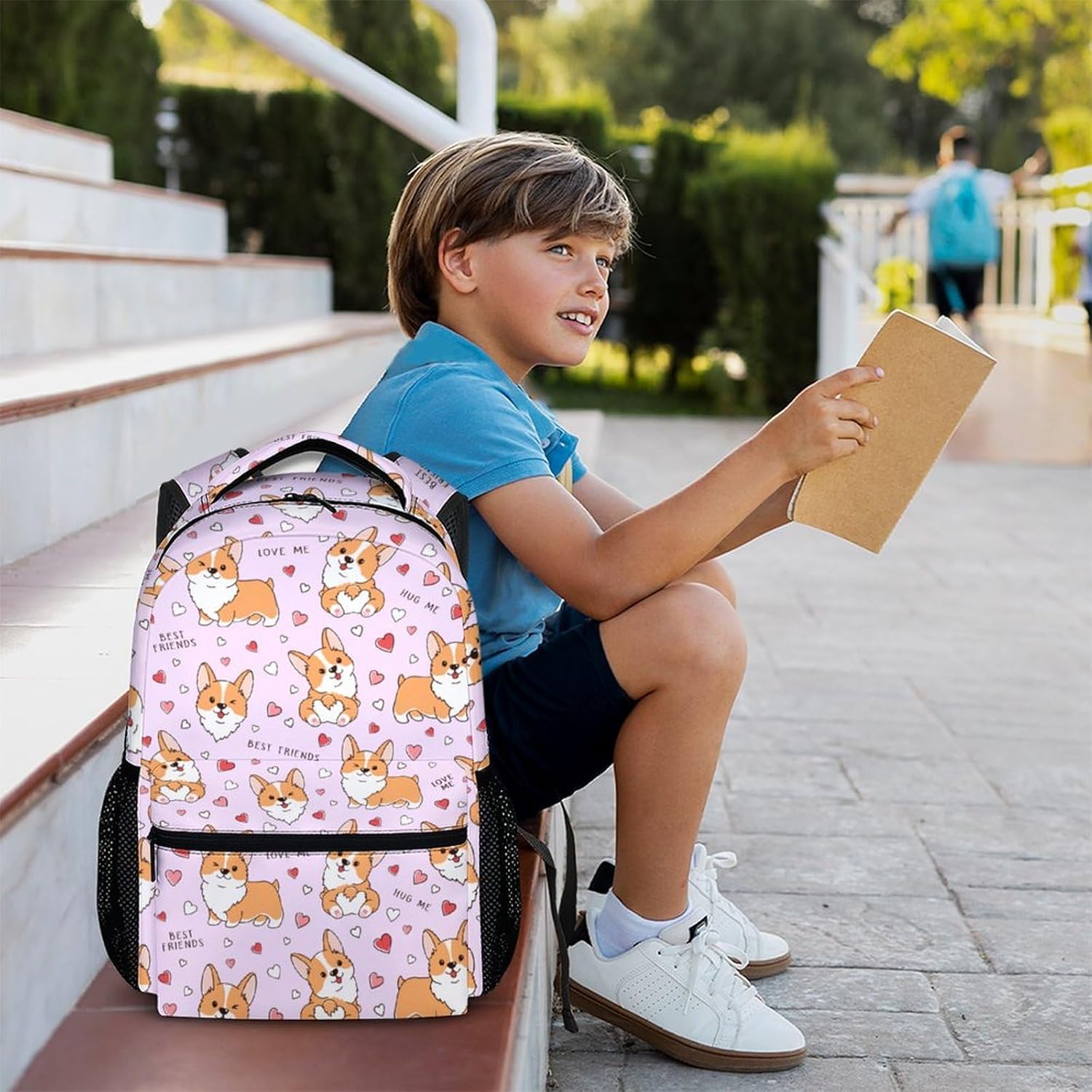 Corgi Backpack for Kids Girls, 17" Cute Backpack for School, Large Capacity Lightweight Pink Bookbag for Students Age 6-8