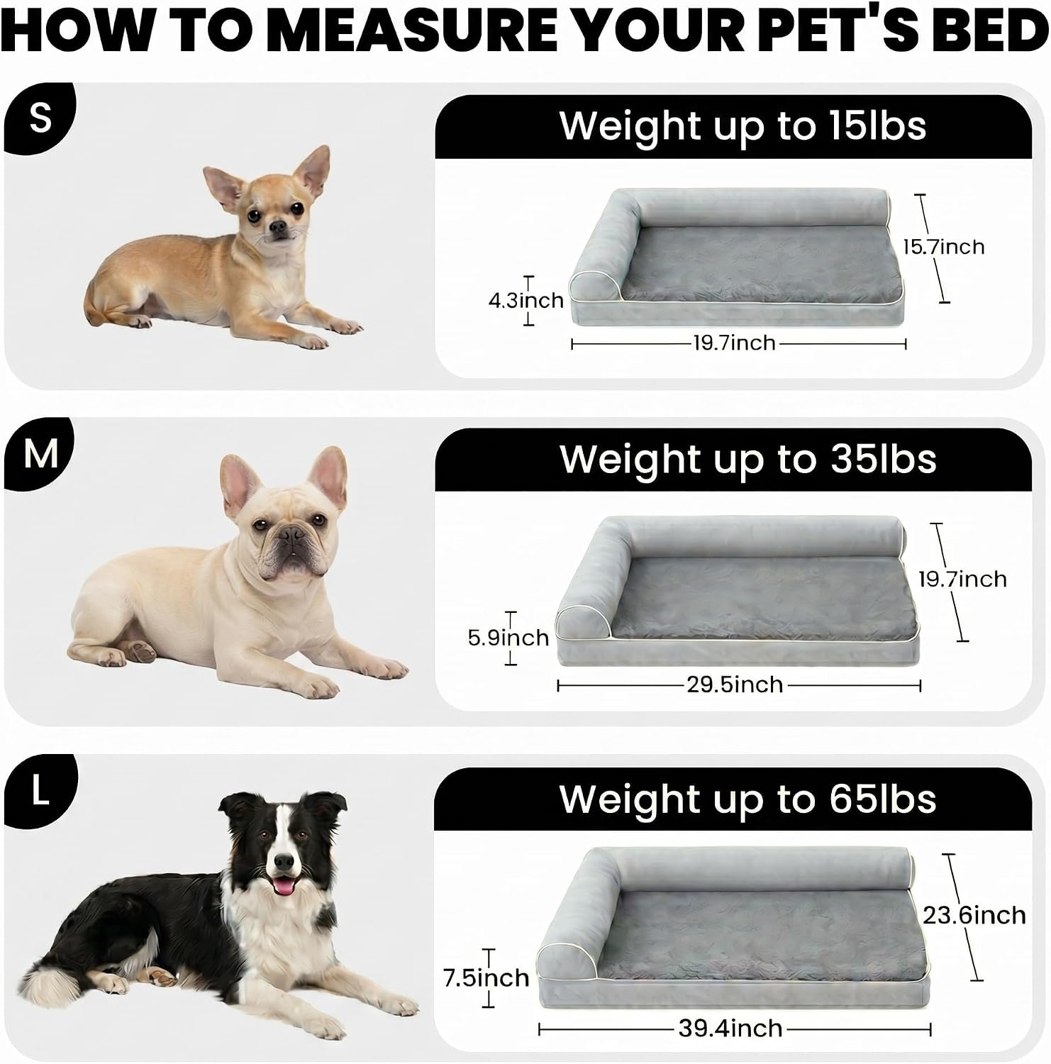 Orthopedic Medium Dog Bed 30 x 20Inch, L Shaped Memory Foam Pet Bed with Sides, Comfortable Dog Couch with Removable Washable Arctic Velvet Cover & Non-Slip Bottom, Gray