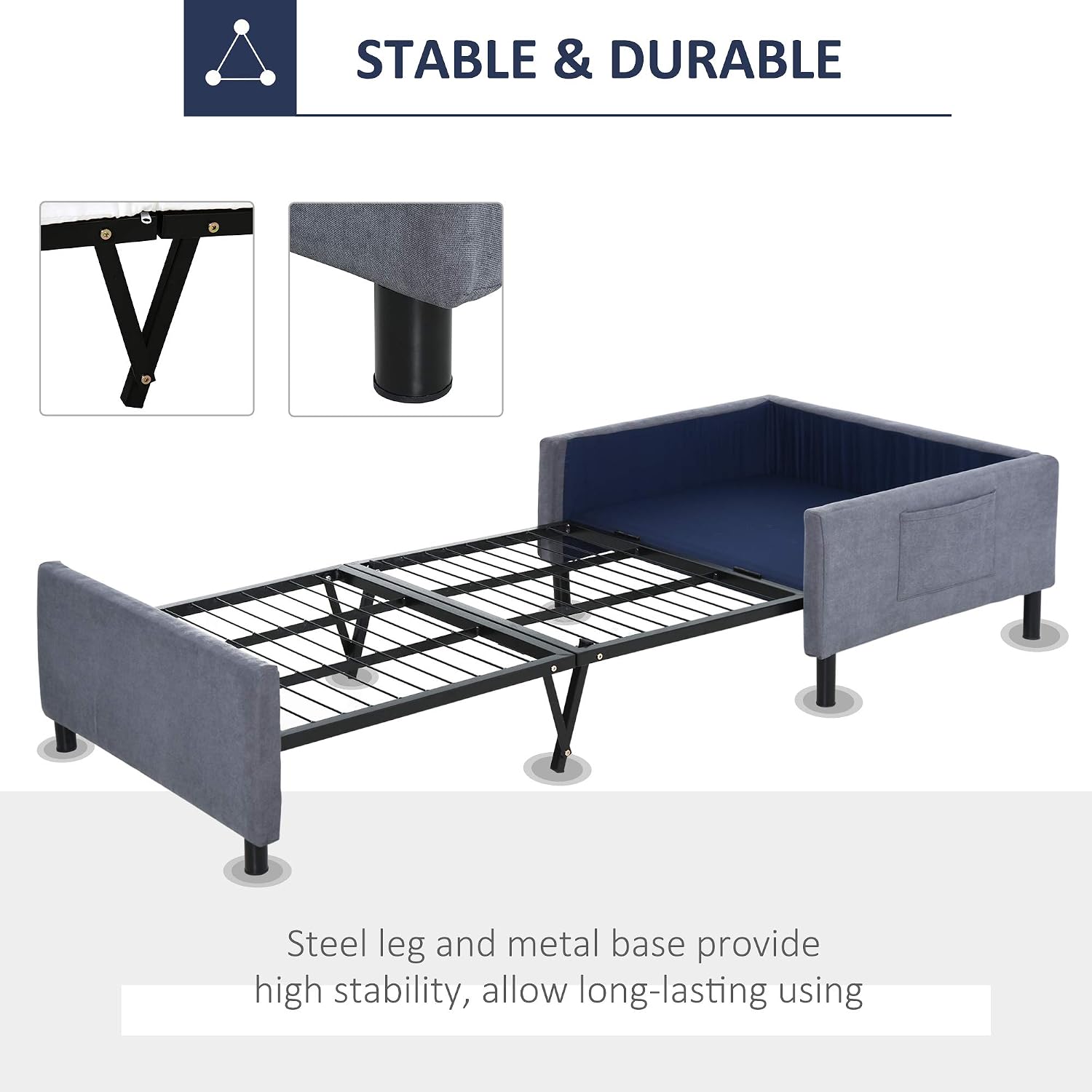 HOMCOM 2-in-1 Design Convertible Single Sofa Bed with Side Pocket and Metal Frame Couch for Living Room, Grey