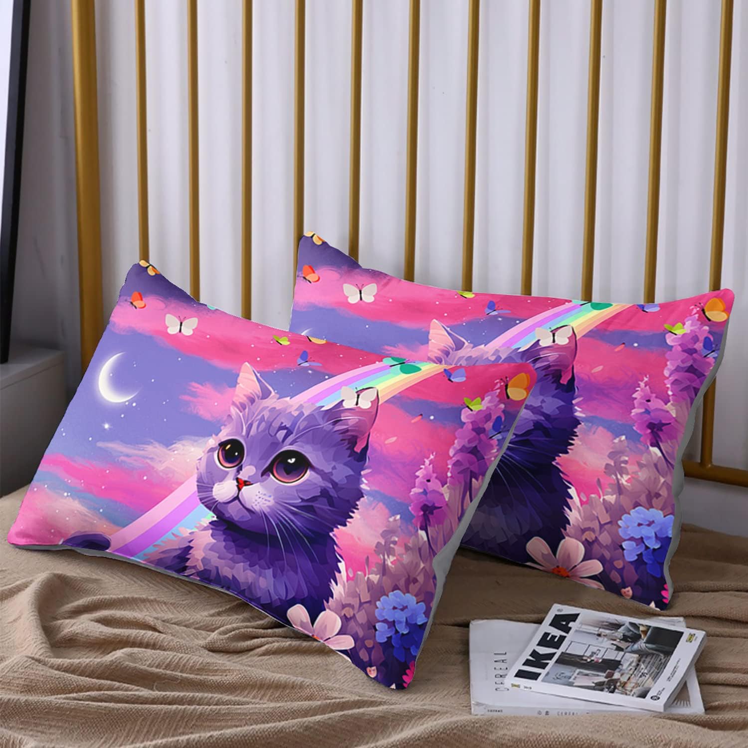 HOSIMA Cat Fitted Sheets Full Size Bed Rainbow Bedding,Kawaii Toddler Bedding Sets for Girls Teens Room Decor Aesthetic,Floral Fitted Sheet Purple Fitted Sheet with 2 Pillowcases.