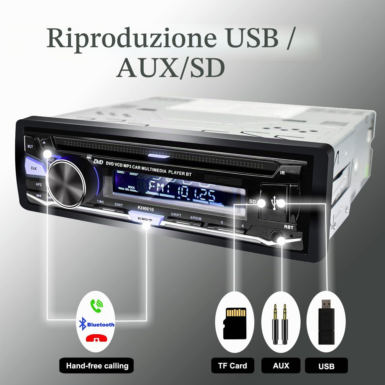 Autoradio Bluetooth 1 DIN con Lettore CD/DVD USB RDS/FM/AM Radio SD AUX Chiamate in vivavoce
