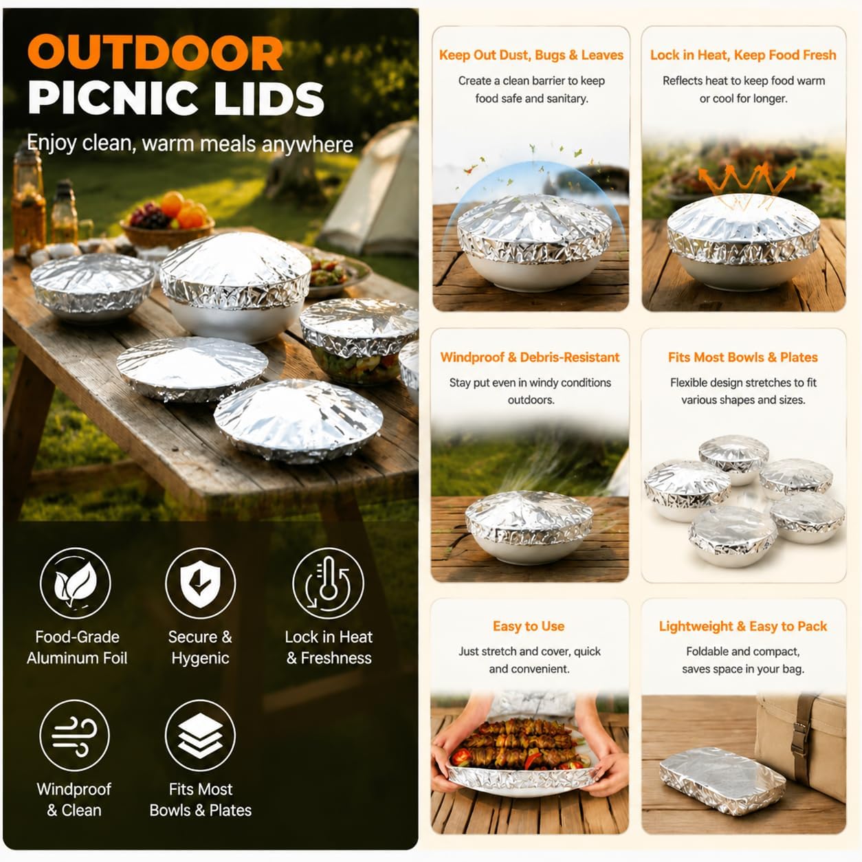 50 Pack Reusable Aluminum Foil Food Covers, Elastic Foil Bowl Covers for Bowls Plates Containers, Insulated Food Lids for Leftovers, Meal Prep, Parties, Picnic and Kitchen Storage (50)