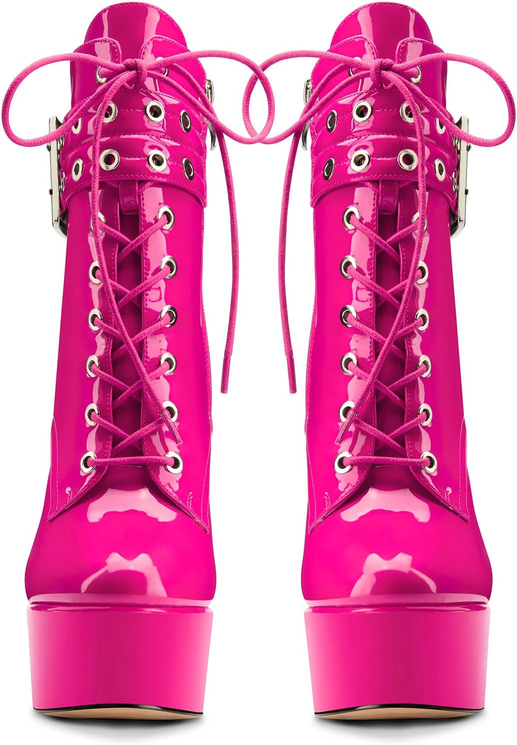 Aachcol Womens Stiletto High Heel Platform Ankle Boots Round Toe Lace-up Zipper Mid Calf Buckle Patent Leather Dress Booties - Image 5