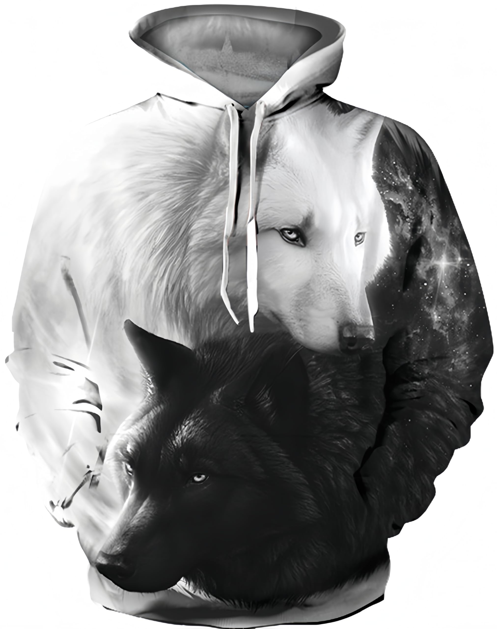 Ocean Plus Men's Hooded Pullover Long Sleeve Pullover Wolf Tiger Hooded Hoodie (L/XL (Chest: 114-134CM), Double black and white wolves)