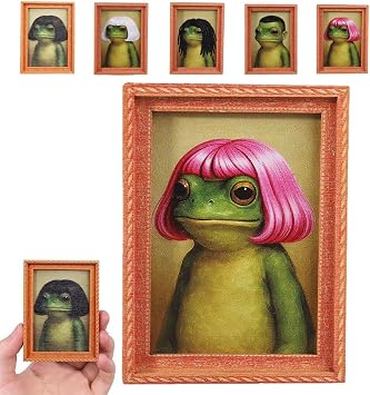 Funny Frog Magnet,Magnetic Frogs for Refrigerator,Retro Mini Wooden Framed Frog Art Magnet Home Office Kitchen Decor,Cute Green & Haircut Frame Frogs Art for Animal Lovers 1PC-D
