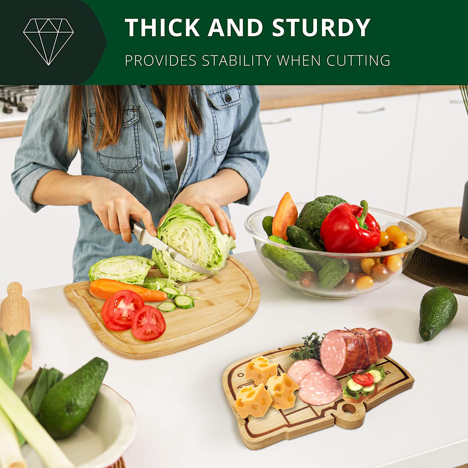 Juego de tablas de cortar de bambú para caravana, accesorios de cocina, 2 piezas, juego de tablas de cortar de madera RV con ranuras para jugo, agujero para colgar, para carne, verduras y queso,