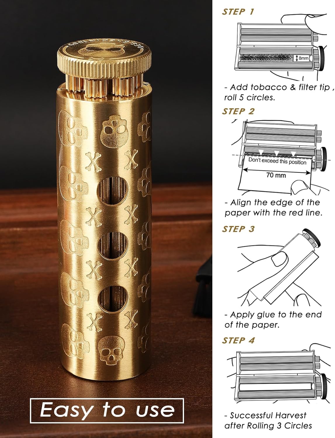 Vintage Skeleton Cigarette Roller, Brass Cigarette Rolling Machine, Pure Copper Joint Roller Machine, Solid Brass Roller, Use with 70 mm Papers, Luxurious Tobacco Roller with Tray, Filter & Paper